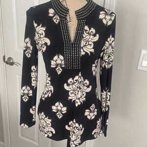 Charter Club petite small black and white patterned Blouse with rhinestones